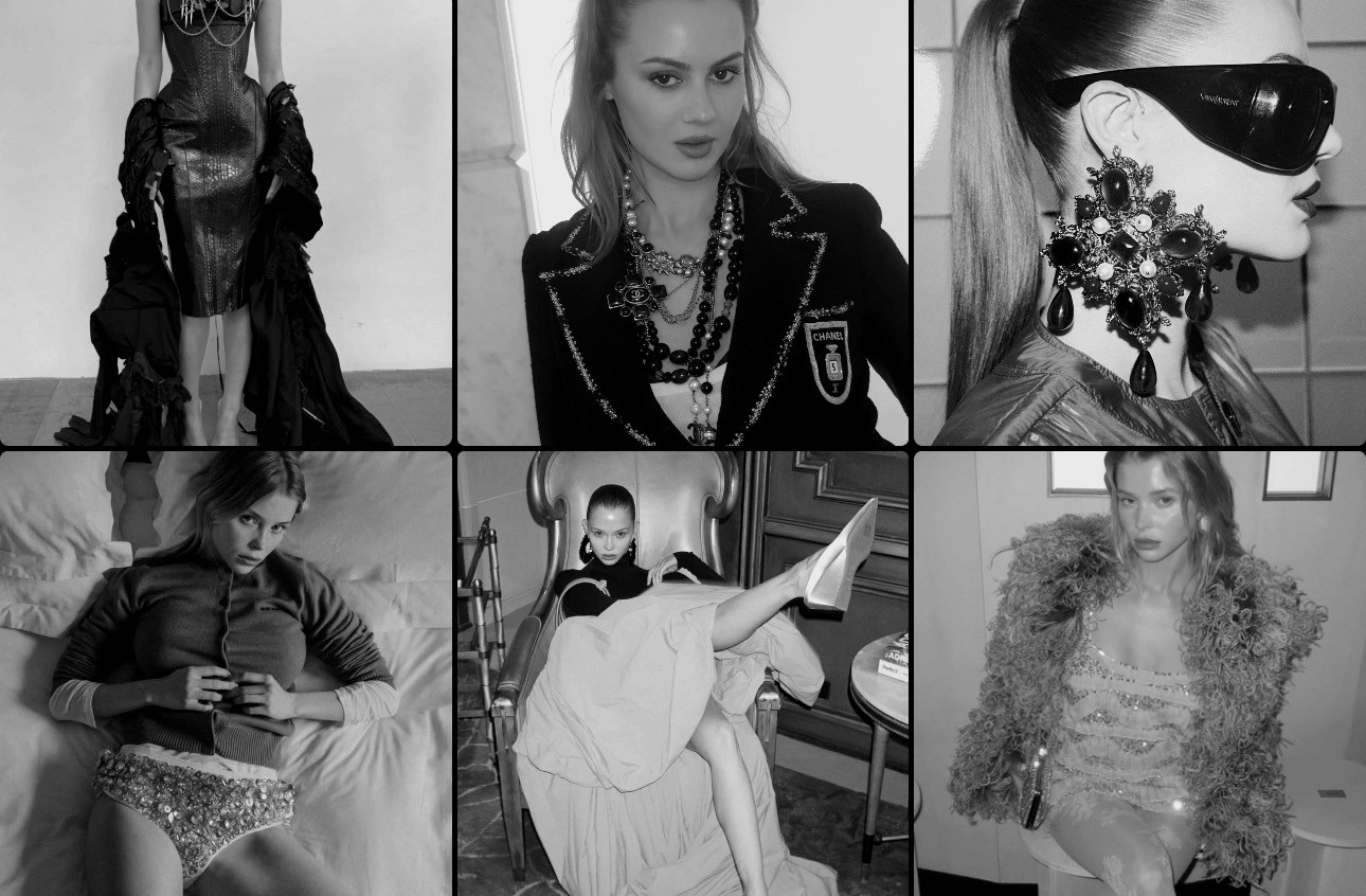 Black and white collage of fashion styling references and selected work